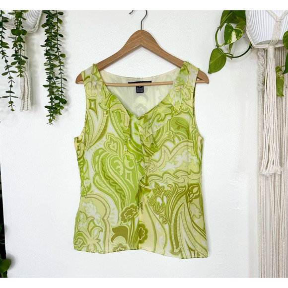 Y2K Chartreuse Lime Green Paisley Print Ruffle Chiffon Silk Tank Blouse 8 - Picture 1 of 8